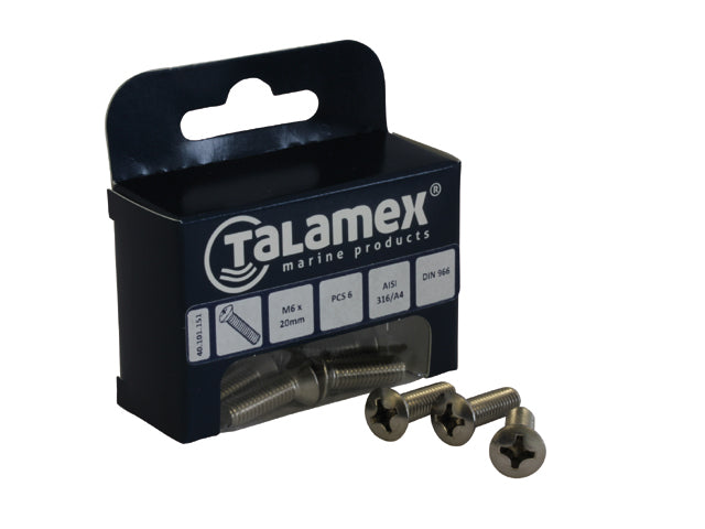 Talamex, raised head screw, stainless steel AISI 316, M8 x 70 mm, (DIN 966), 6 pcs